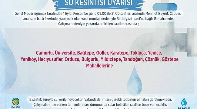  Malatya’da Su Kesintileri Yaşanacak